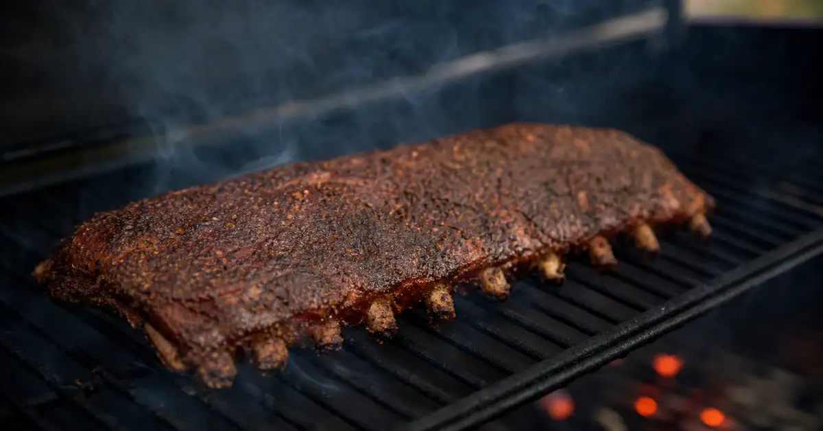 A rack of pork ribs coated in dark spice rub sitting on a smoker grate with thin wisps of smoke drifting past and warm ember glow behind
