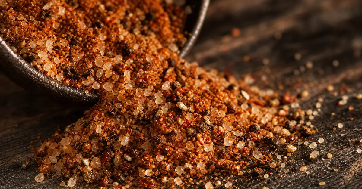 Macro close-up of coarse BBQ rub spices, brown sugar and cracked pepper spilling from a small dish onto a dark wood surface