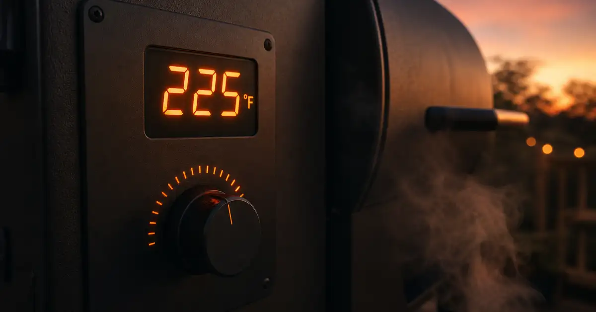 A glowing digital temperature display and dial on the side of a pellet grill at dusk