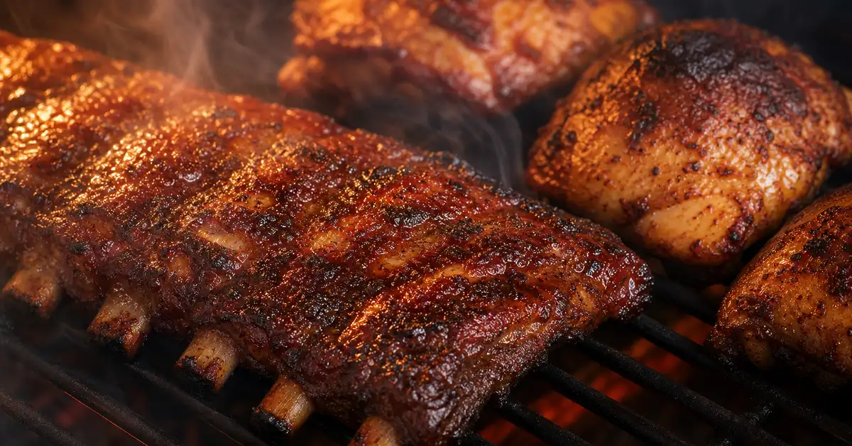 Ribs and chicken thighs resting on smoker grates with gentle wood smoke drifting past