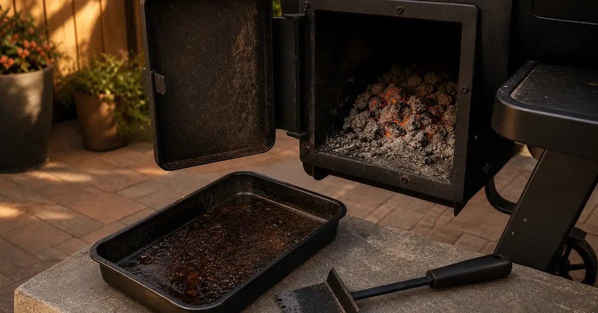 A grill grease tray and ash clean-out tool beside an open pellet grill firebox
