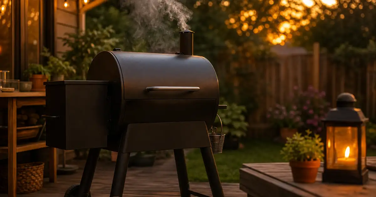 A compact pellet grill on a backyard patio at dusk with gentle wood smoke drifting from the lid