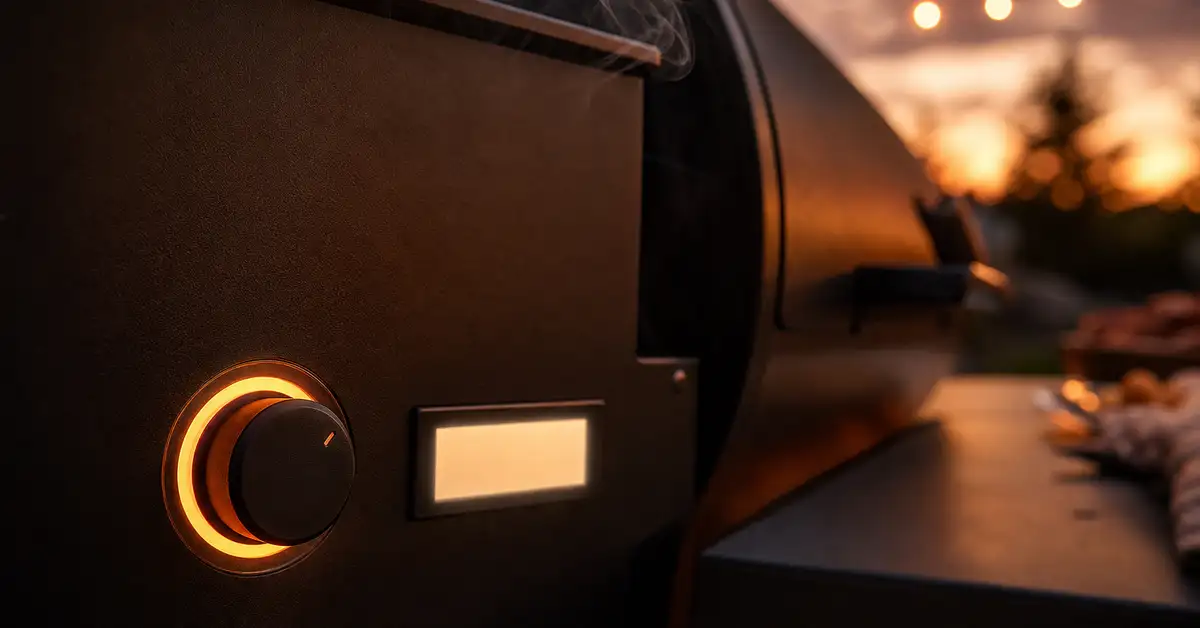 A glowing set-and-forget control dial on a beginner-friendly smoker at dusk