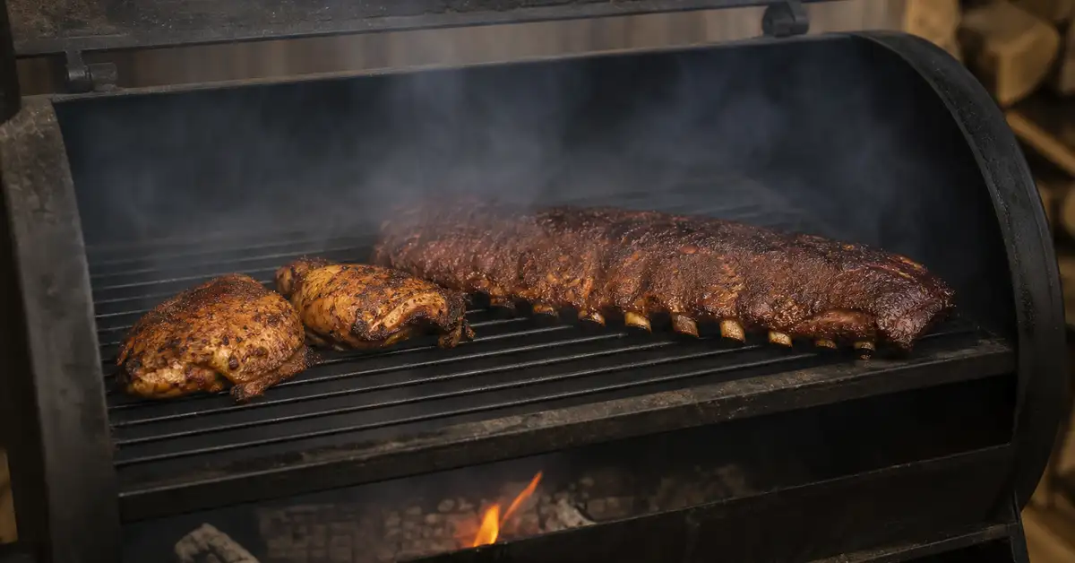 A beginner's first smoke — ribs and chicken on a smoker grate with gentle wood smoke