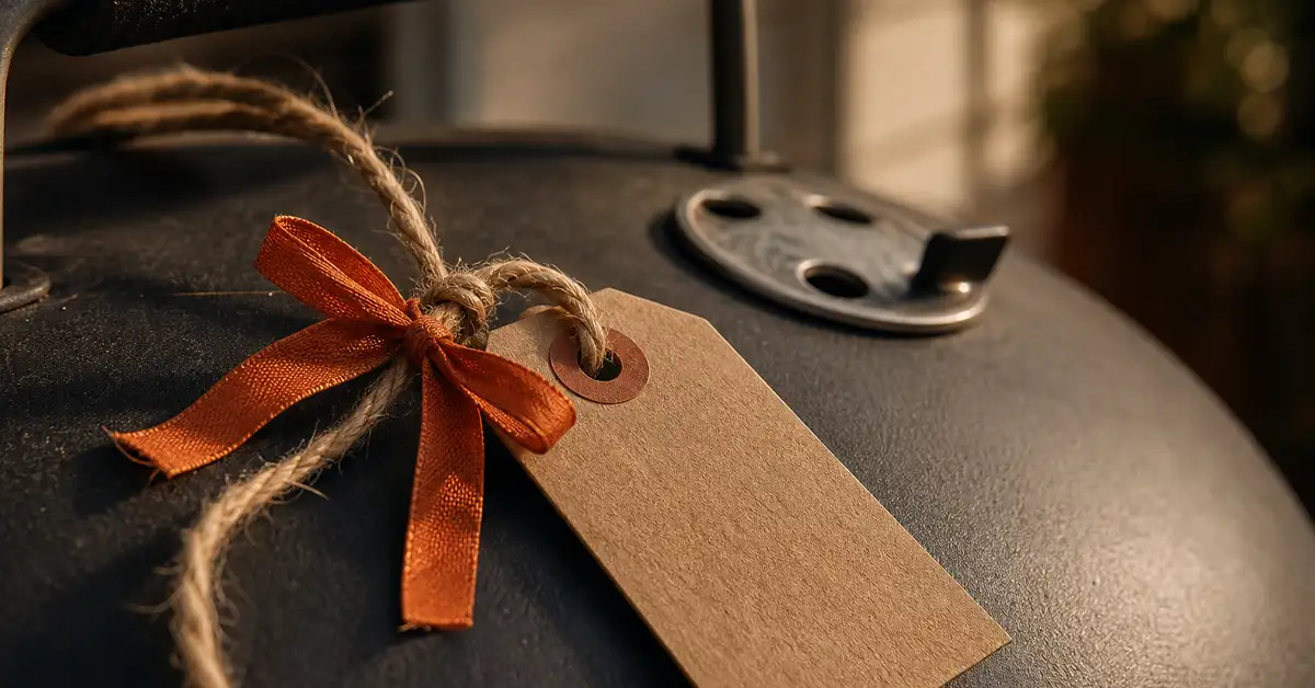 A rustic kraft-paper gift tag tied with twine and a warm ember-orange ribbon, resting on the matte lid of an outdoor grill