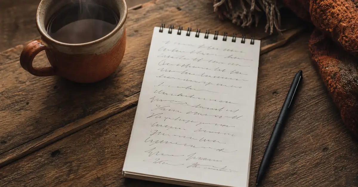 An overhead view of a handwritten notepad and pen beside a steaming mug on a rustic wooden table