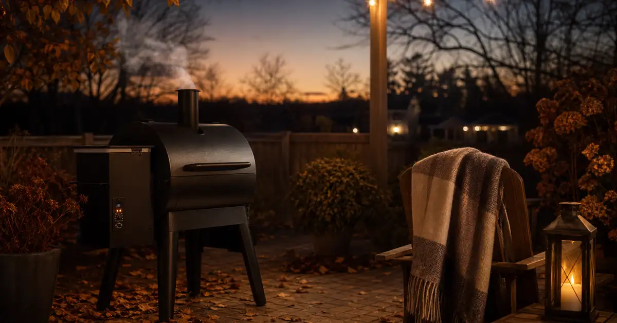 A cozy backyard patio in early evening with a smoker gently releasing smoke, a folded blanket on a chair, and warm string lights overhead