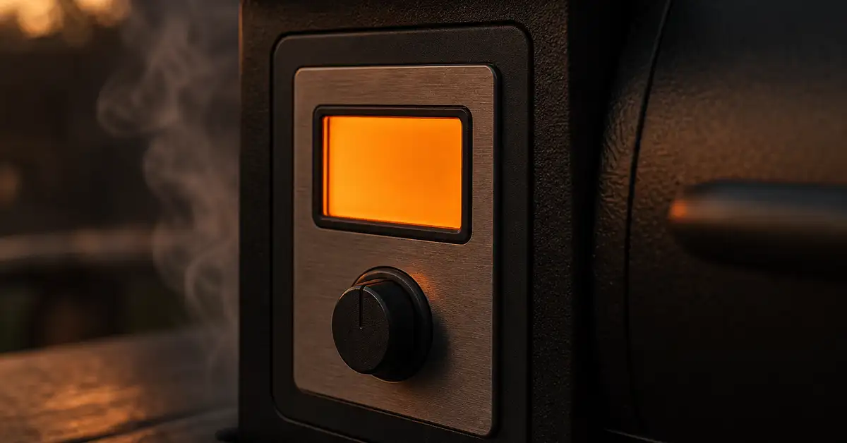 Close-up of a simple digital temperature controller glowing warmly on the side of a pellet grill at dusk