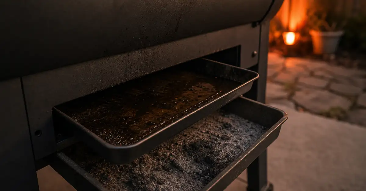 A small grease tray and ash clean-out partially pulled out from beneath a budget pellet grill