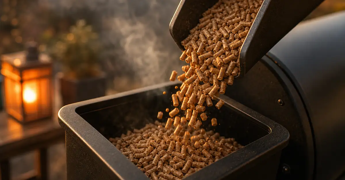 Golden hardwood smoking pellets pouring into a small pellet grill hopper at dusk