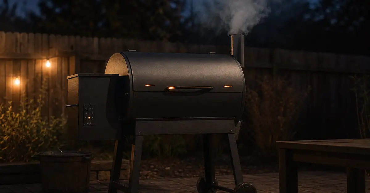 A compact budget wood pellet grill on a backyard patio at dusk with warm ember glow and drifting smoke