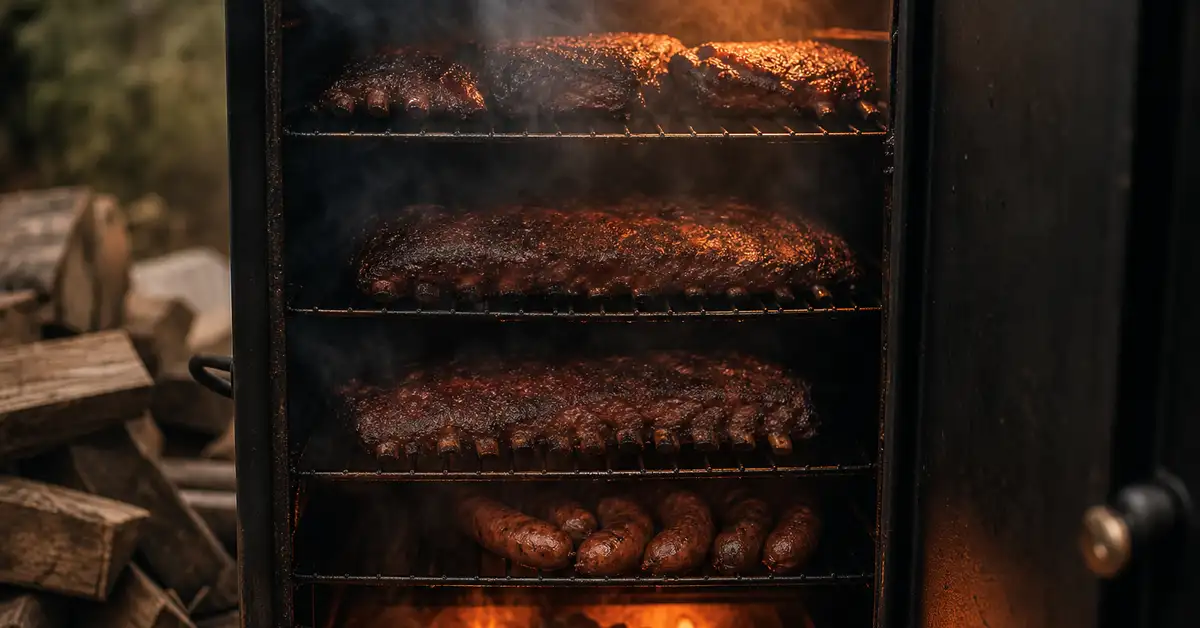 Racks of ribs and sausages cooking with gentle wood smoke inside an upright cabinet smoker