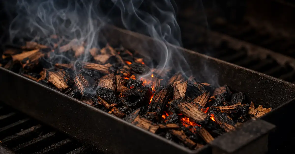 Smoldering wood chips in a metal smoker box with thin curls of fragrant smoke