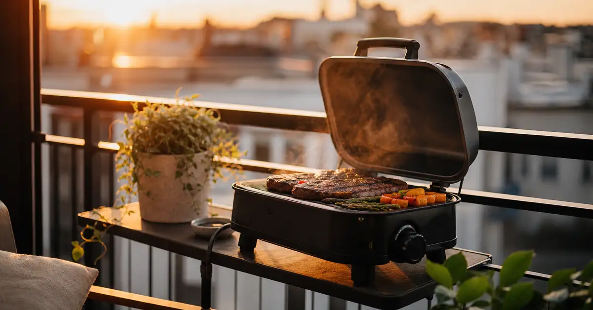 Small tabletop gas grill on a compact apartment balcony railing table, warm evening light and gentle steam rising