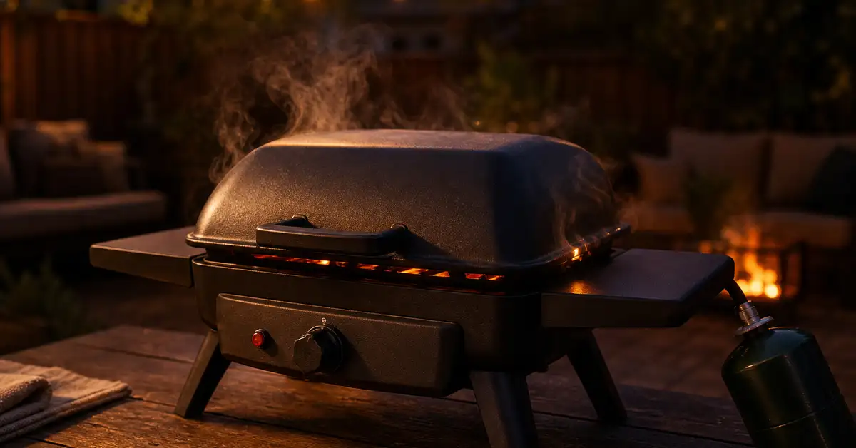 Small propane gas grill glowing warmly with drifting smoke on a backyard patio