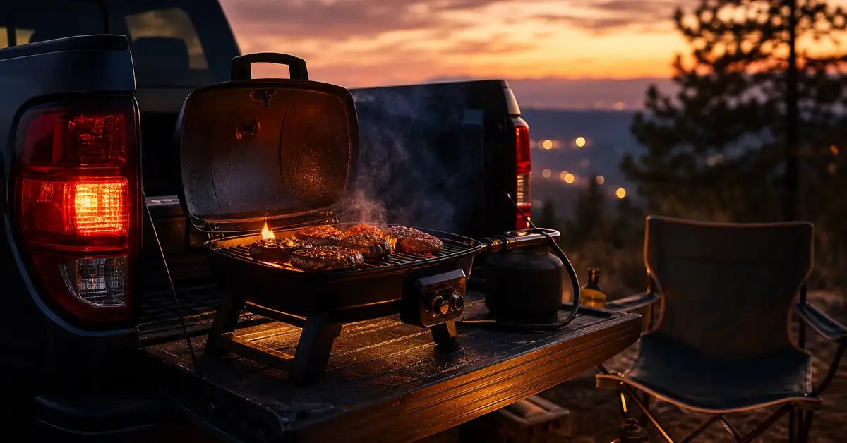 Small propane grill glowing warmly at dusk on a fold-out tailgate, with drifting smoke and a folding chair nearby