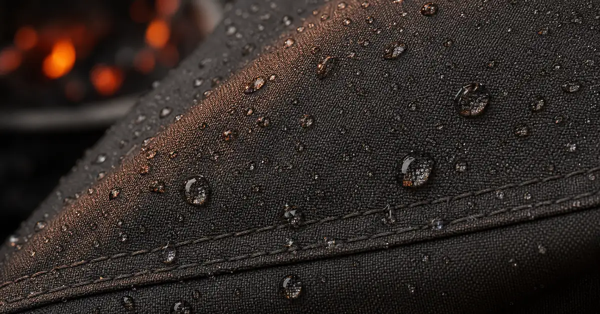 Macro close-up of heavy-duty ripstop grill-cover fabric with beads of rainwater rolling off its water-resistant surface