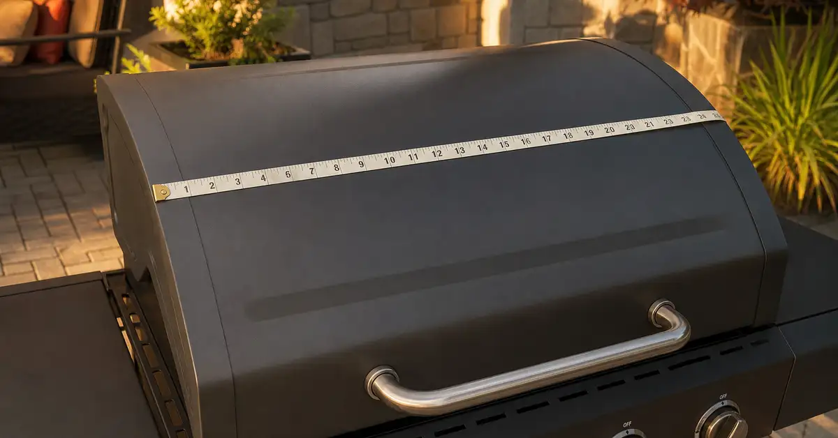 A tape measure laid across the closed lid of an outdoor gas grill to measure its width for a properly fitted cover