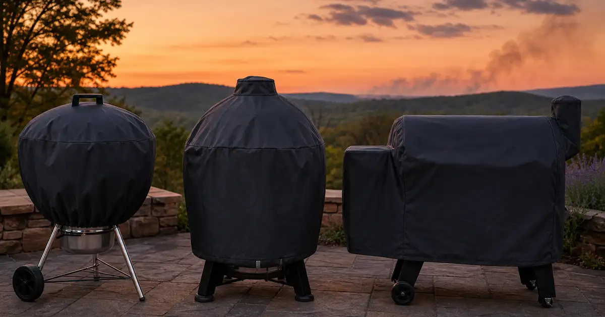 A kettle grill, a kamado-style grill and a pellet grill each fitted with a weatherproof cover, lined up on a stone patio at dusk