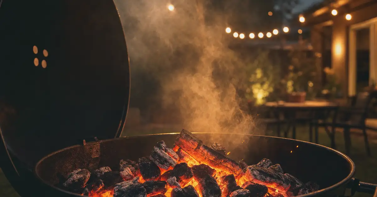 Glowing embers in a backyard grill at dusk with drifting smoke