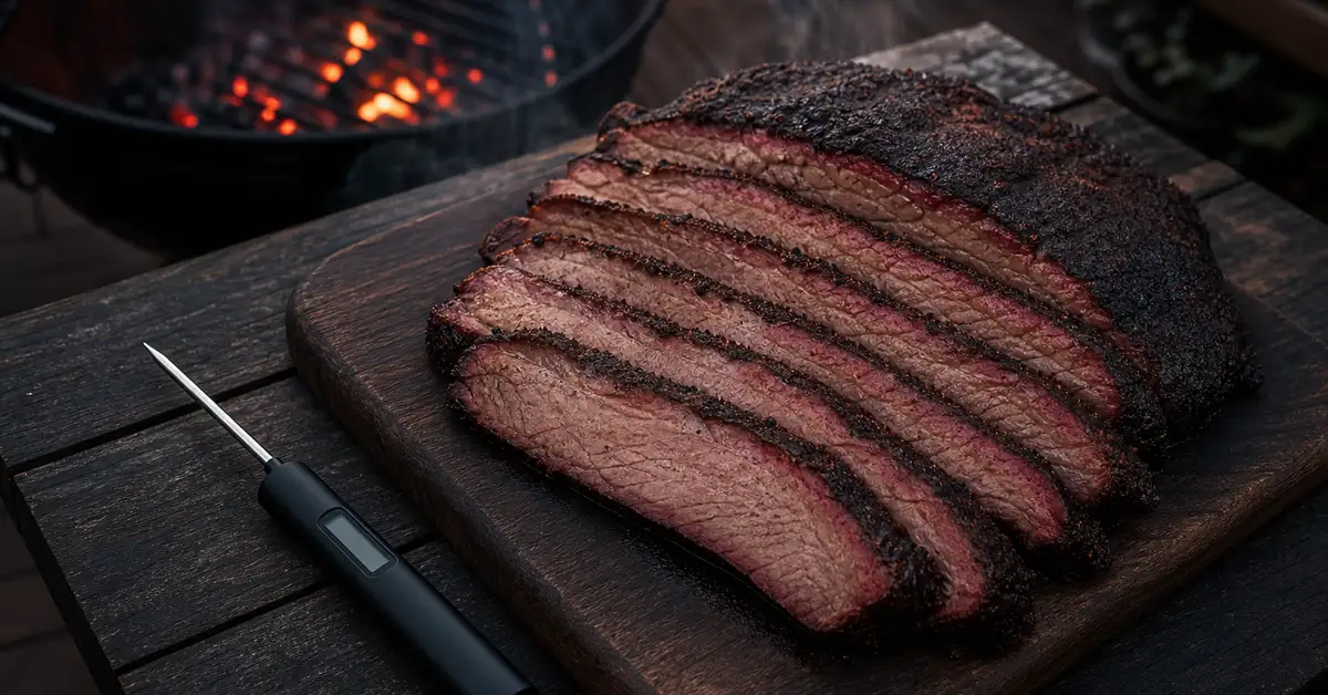 Sliced smoked brisket resting on a carving board with an instant-read thermometer lying alongside