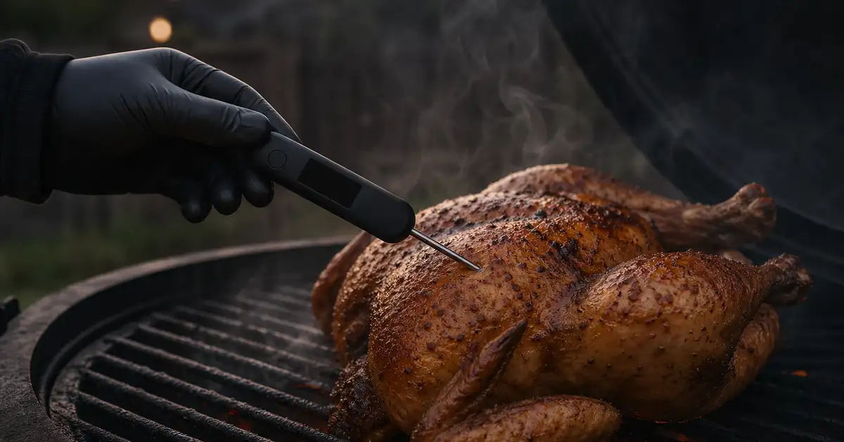 Checking a whole roast chicken thigh temperature on the smoker grate with a slim thermometer probe