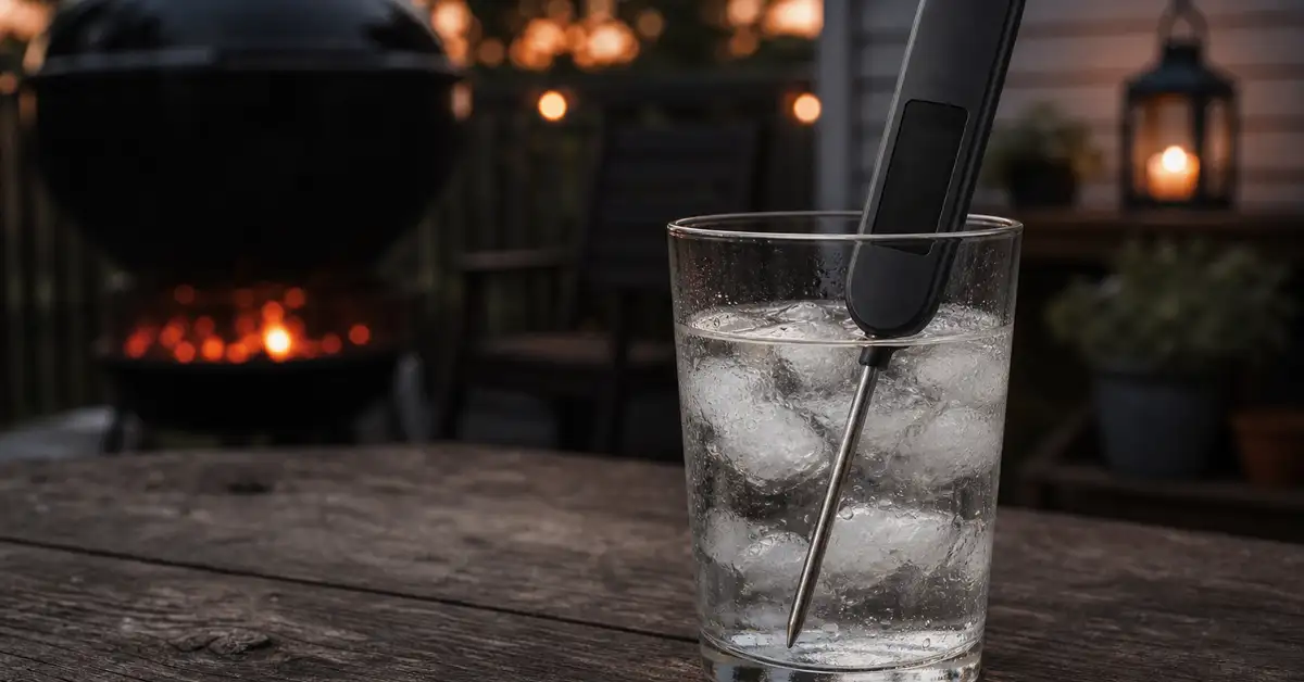 An instant-read thermometer probe standing in a glass of ice water for an ice-bath calibration check
