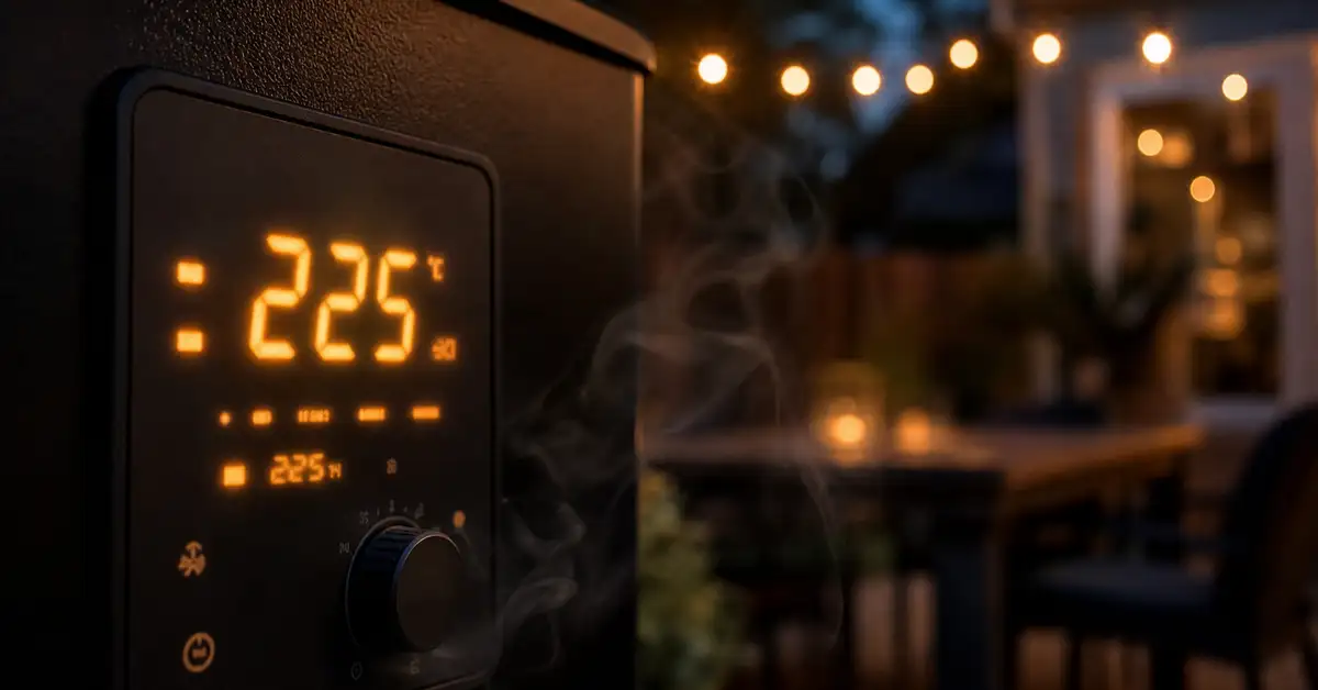 A digital pellet grill controller display glowing warmly at dusk with a faint wisp of smoke and blurred string lights behind it