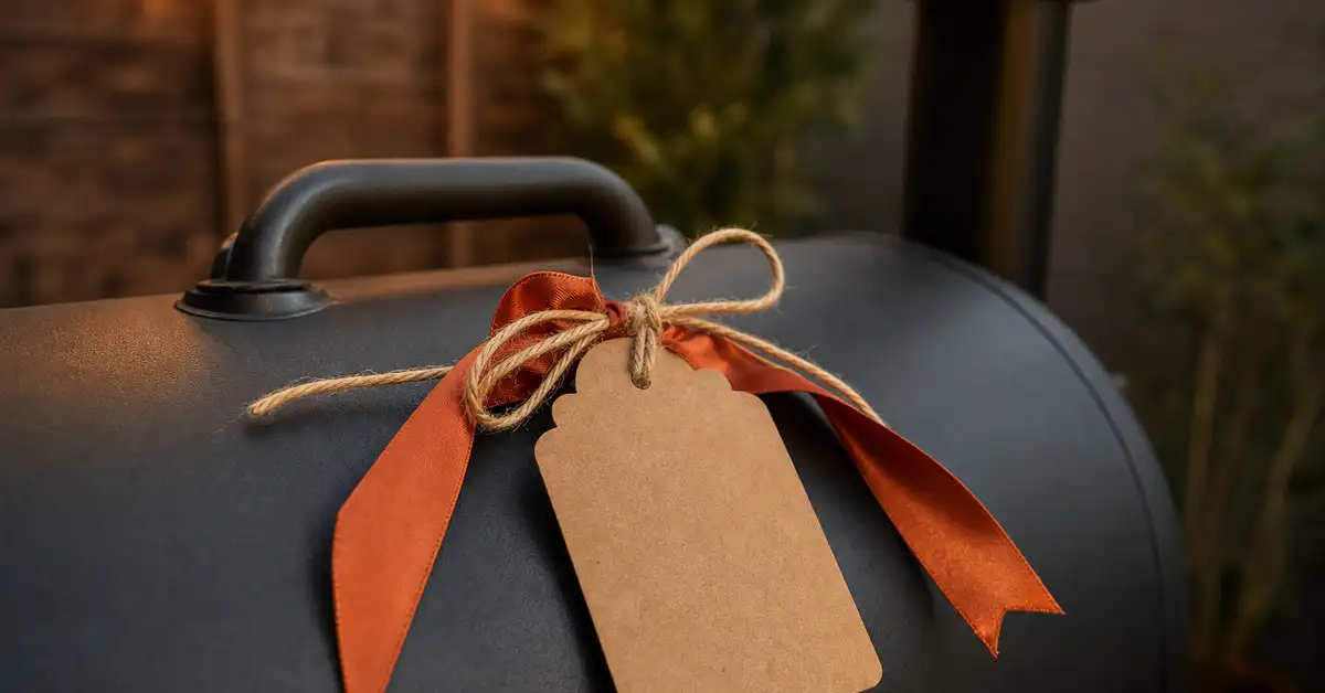 A rustic kraft-paper gift tag tied with twine and an ember-orange ribbon resting on the matte lid of an outdoor pellet grill