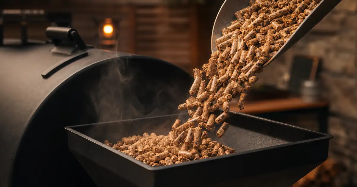 Golden hardwood smoking pellets pouring into a matte black pellet grill hopper