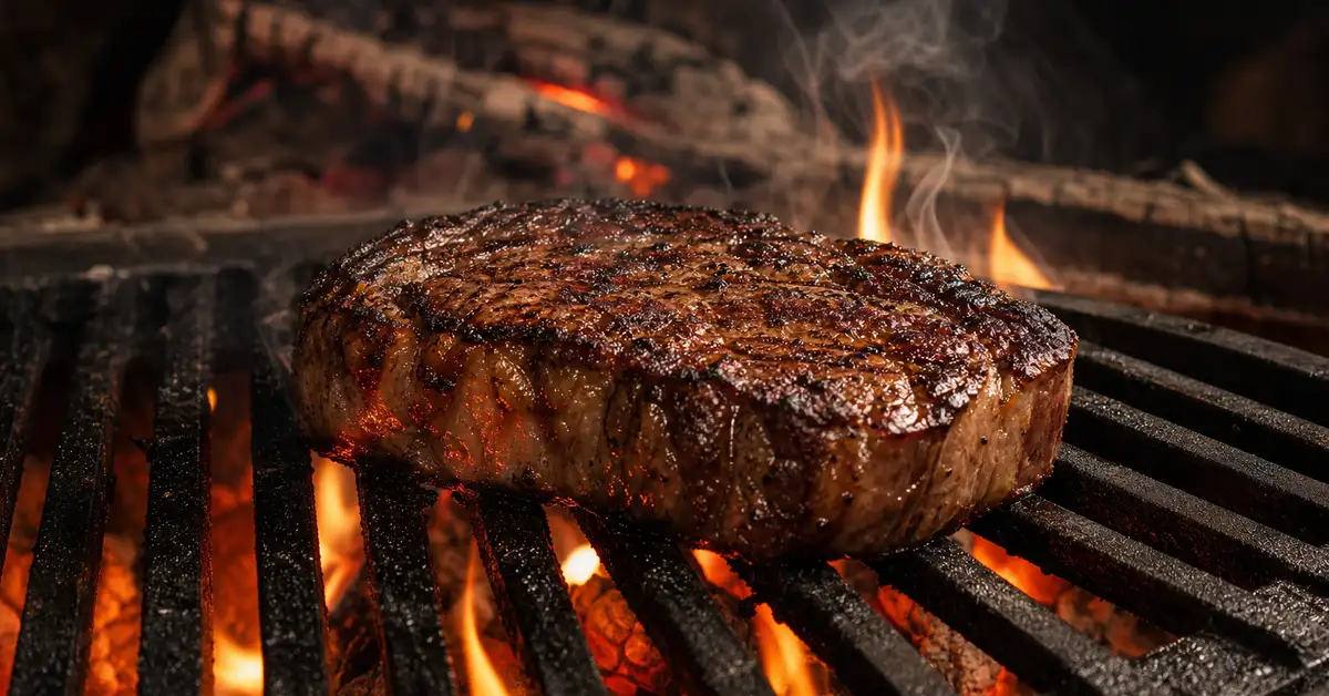 A steak searing over glowing embers and flames on cast-iron grill grates