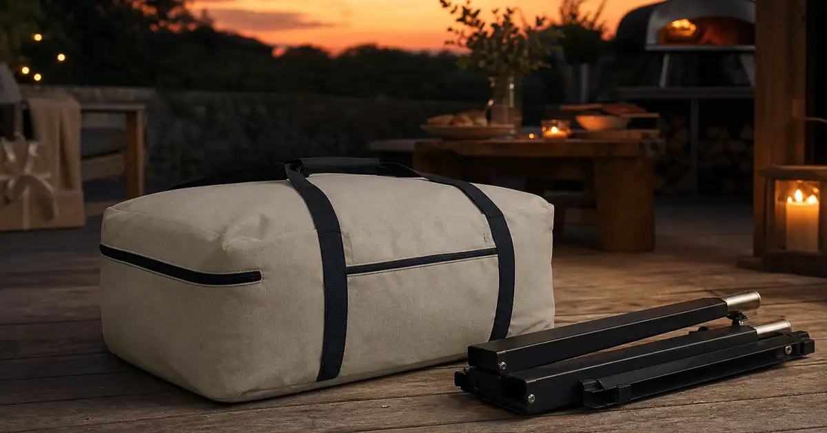 A compact portable pizza oven packed into a canvas carry bag on a porch at dusk with a warm ember-orange sky