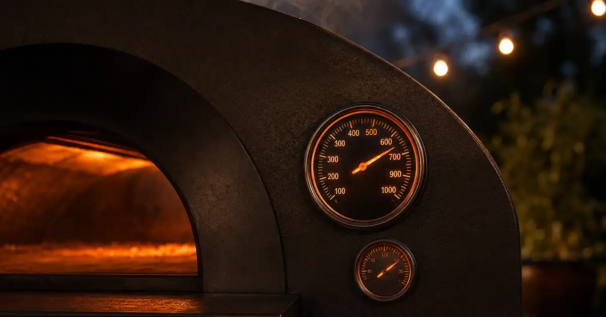 A glowing analog temperature dial on the front panel of an outdoor pizza oven at dusk with faint drifting smoke