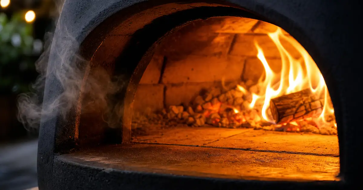Glowing interior of a wood-fired pizza oven with flames licking across the stone floor