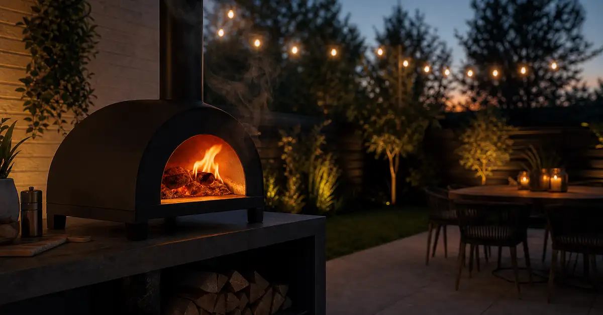 Backyard patio at dusk with a compact pizza oven glowing warmly and string lights in the background