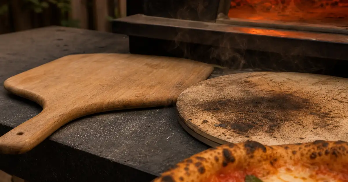 Wooden pizza peel beside a scorched pizza stone with a charred leopard-spotted crust