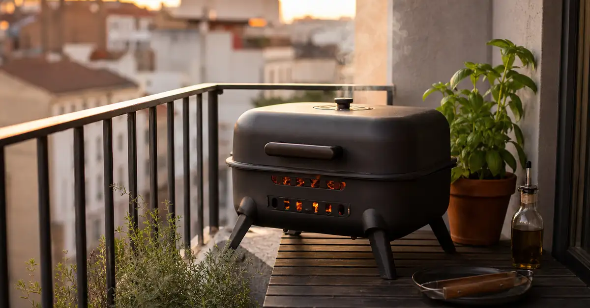 A small pellet grill on a narrow apartment balcony patio with a potted plant and warm evening light
