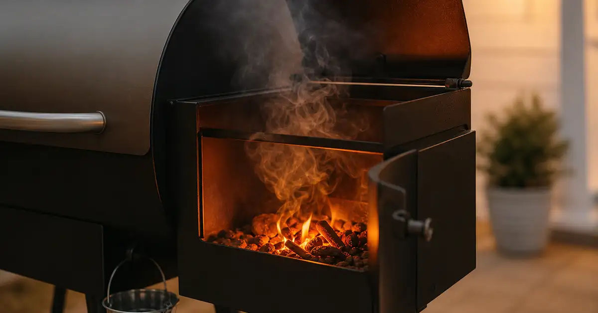 Warm ember glow and drifting smoke from a small portable pellet grill's firebox
