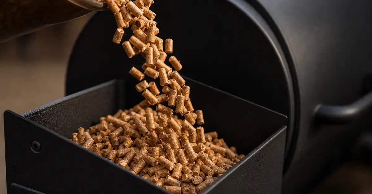 Wood pellets pouring into the small hopper of a compact portable pellet grill
