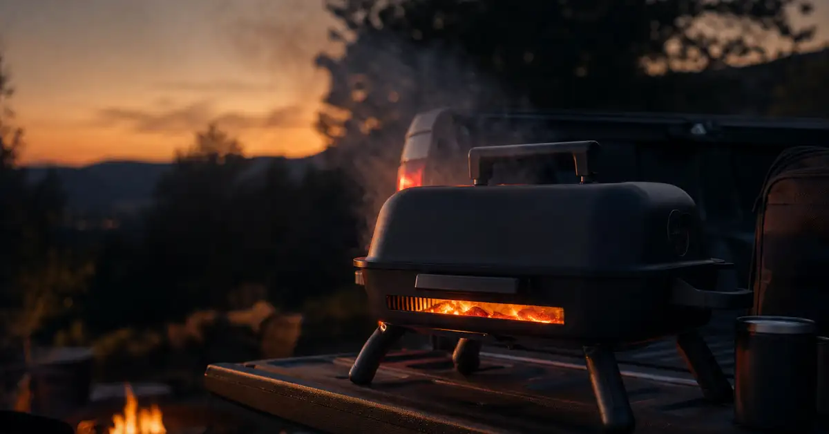 A compact tabletop pellet grill set up on a truck tailgate with drifting wood smoke at dusk