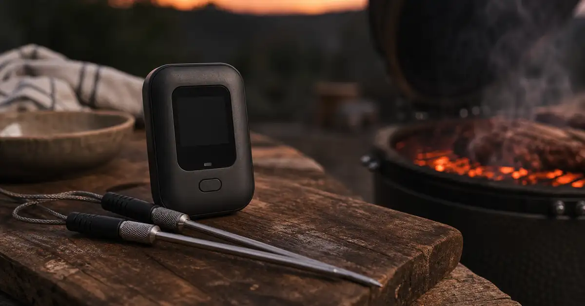 A charcoal-black wireless thermometer receiver and two stainless probes on a wooden board by a grill