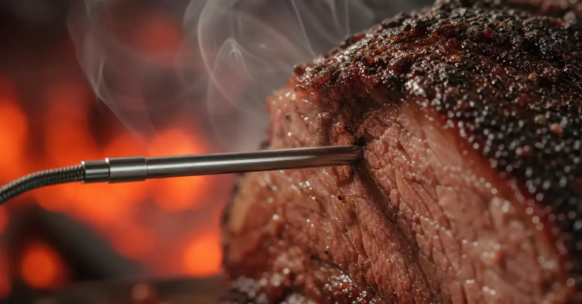 Close-up of a stainless steel leave-in temperature probe in smoked meat with wisps of wood smoke