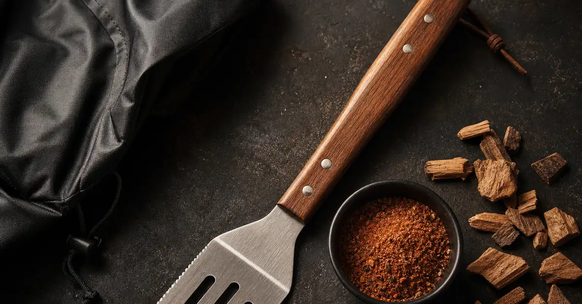 Flat-lay of outdoor grilling accessories in warm light