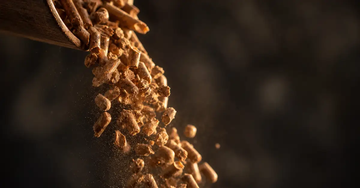 Wood pellets pouring in warm light, representing pellet grills