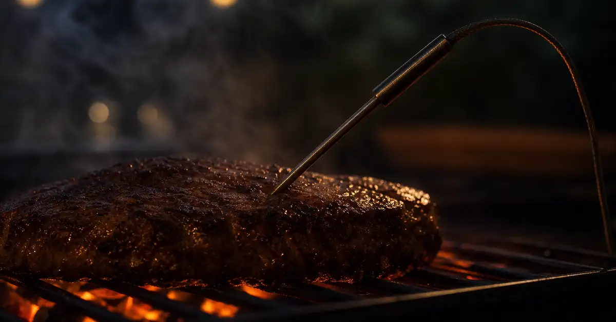 Meat thermometer probe in food on a grill grate