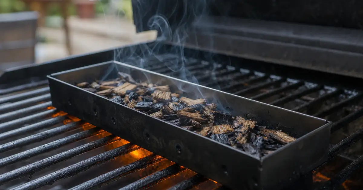 Wood chips smoldering in a metal smoker box on a grill grate with thin curls of smoke rising