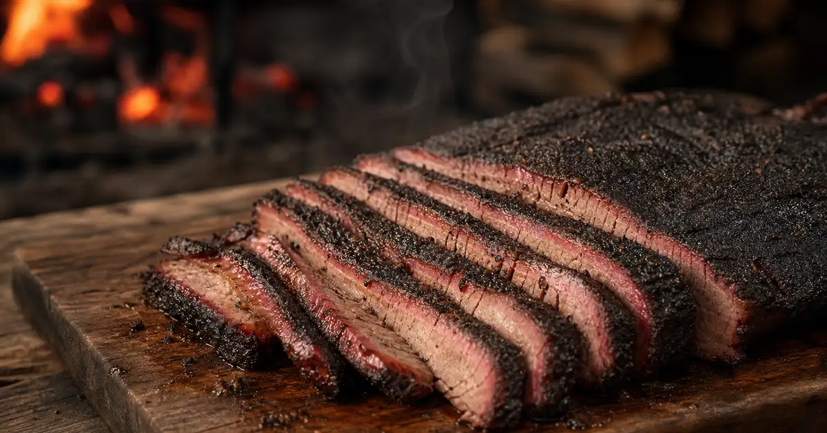 Sliced smoked brisket showing a pink smoke ring and dark bark on a wooden cutting board