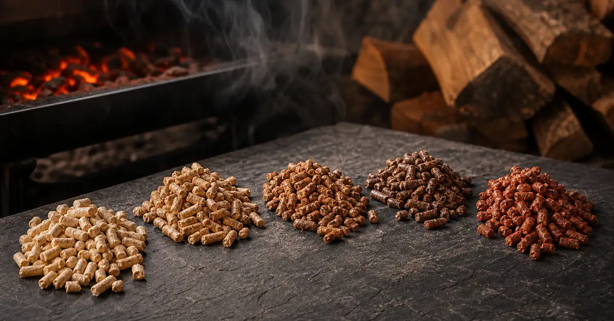 Piles of different hardwood BBQ smoking pellets in varied natural wood hues on a dark slate surface