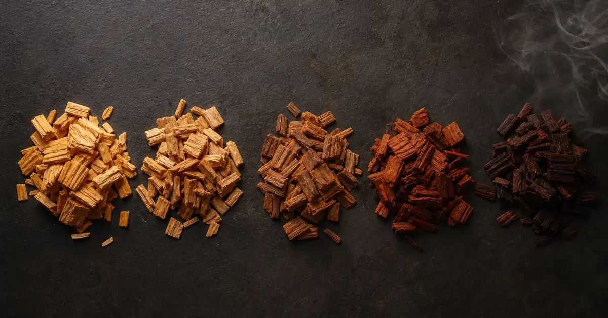 An overhead flat-lay of assorted wood chips in small piles showing the color range from light fruitwood to dark hickory