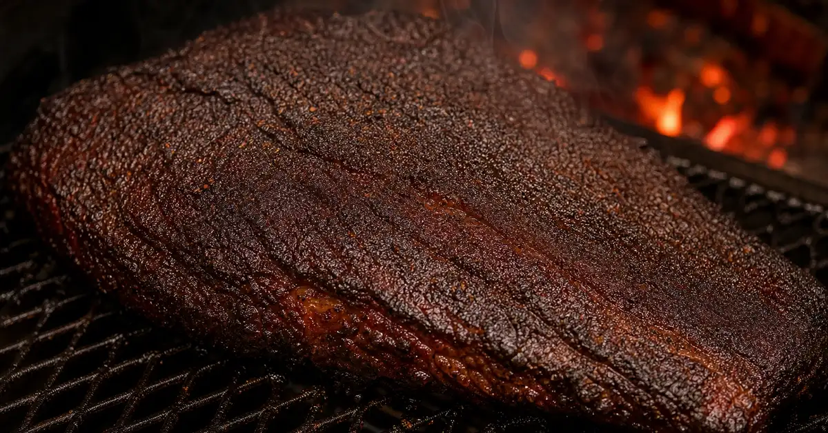 Close-up of a beef brisket with dark mahogany bark on a smoker grate with thin smoke and glowing embers behind